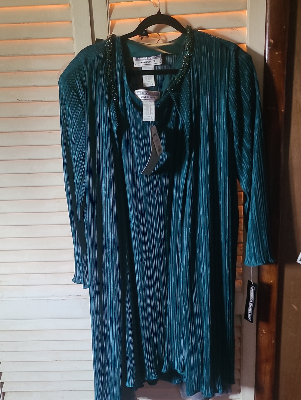 Jessica Howard Teal Pleated Jacket with Beaded Collar With Matching Tank Dress